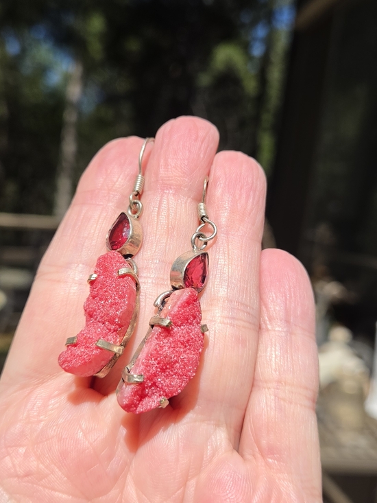 Kharma Collection by Avelon Jewelry - Vibrant Pink Druzy Drop Sterling Earrings with Faceted Garnet Accent
